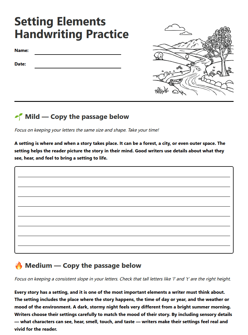 Setting Elements Handwriting Practice worksheet preview