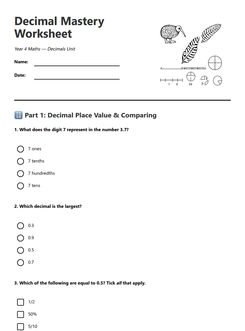 Decimal Mastery Worksheet worksheet preview
