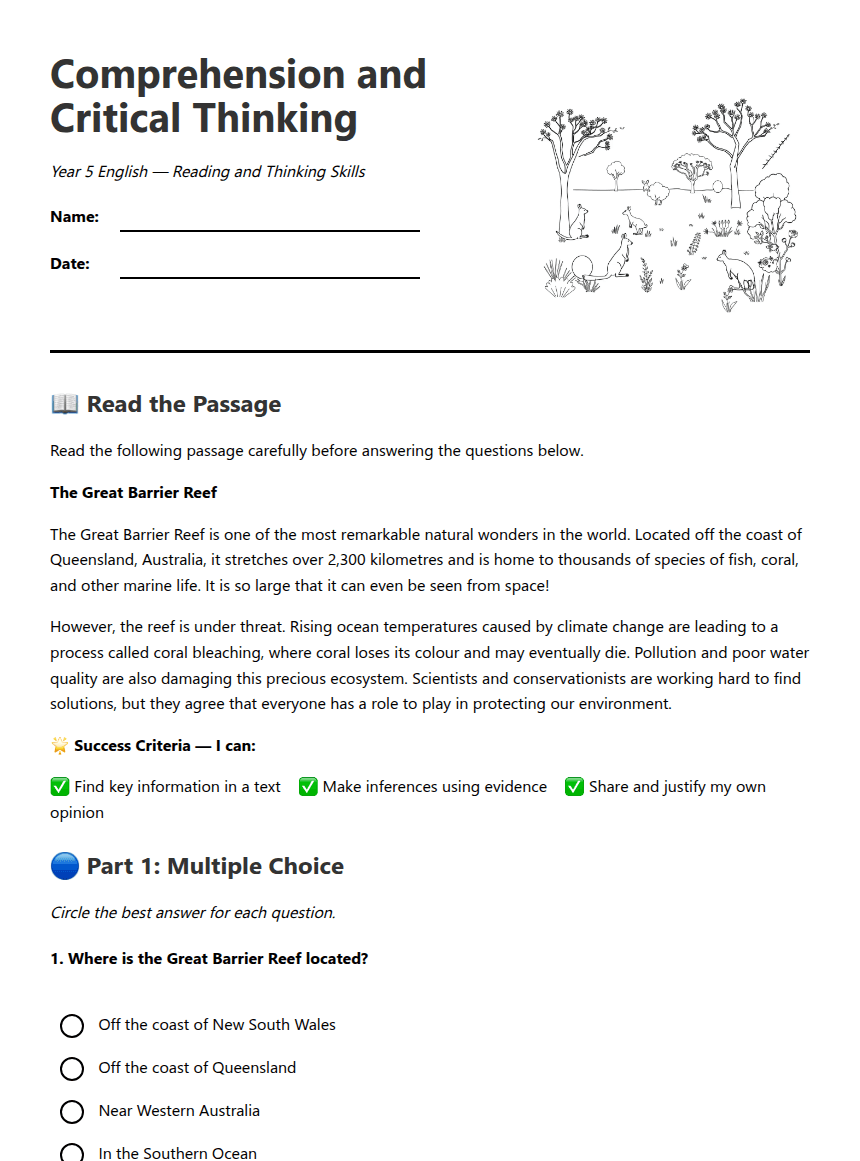 Comprehension and Critical Thinking worksheet preview