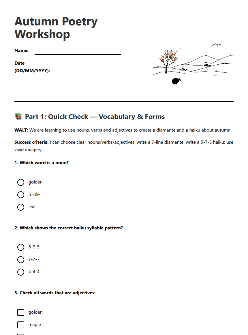 Autumn Poetry Workshop worksheet preview