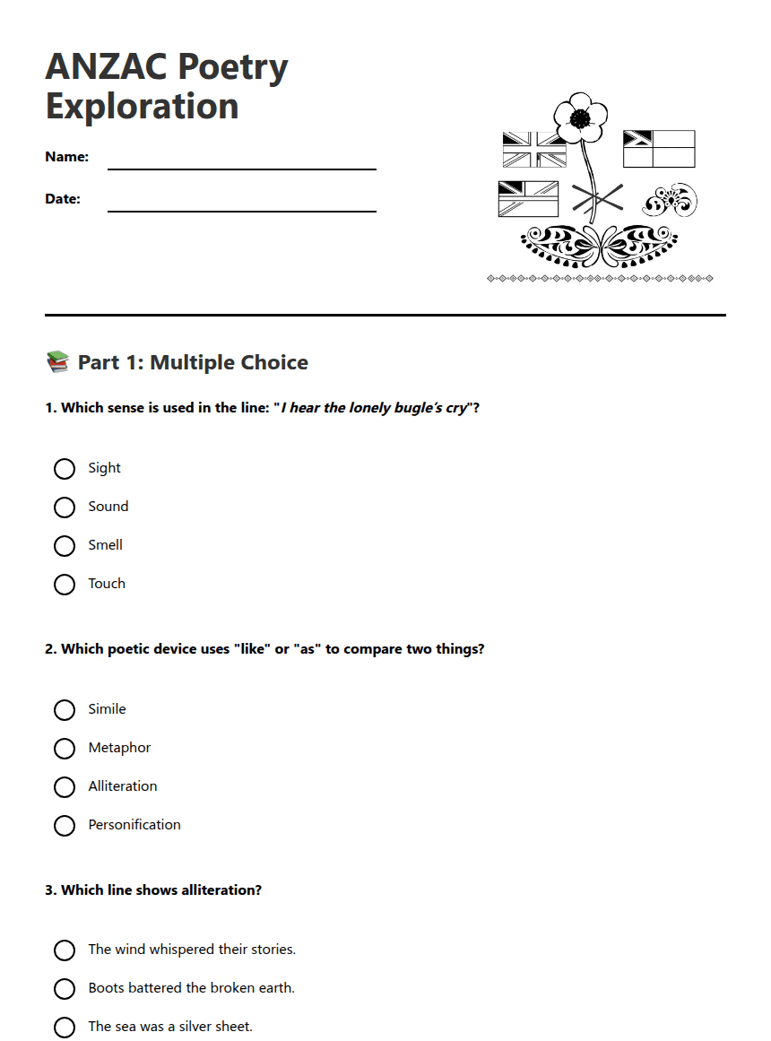 ANZAC Poetry Exploration worksheet preview