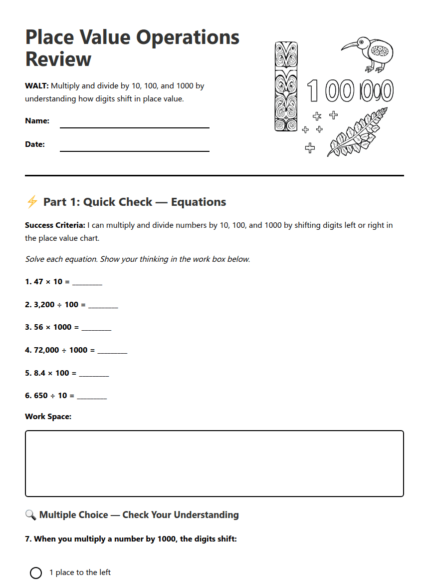 Place Value Operations Review worksheet preview