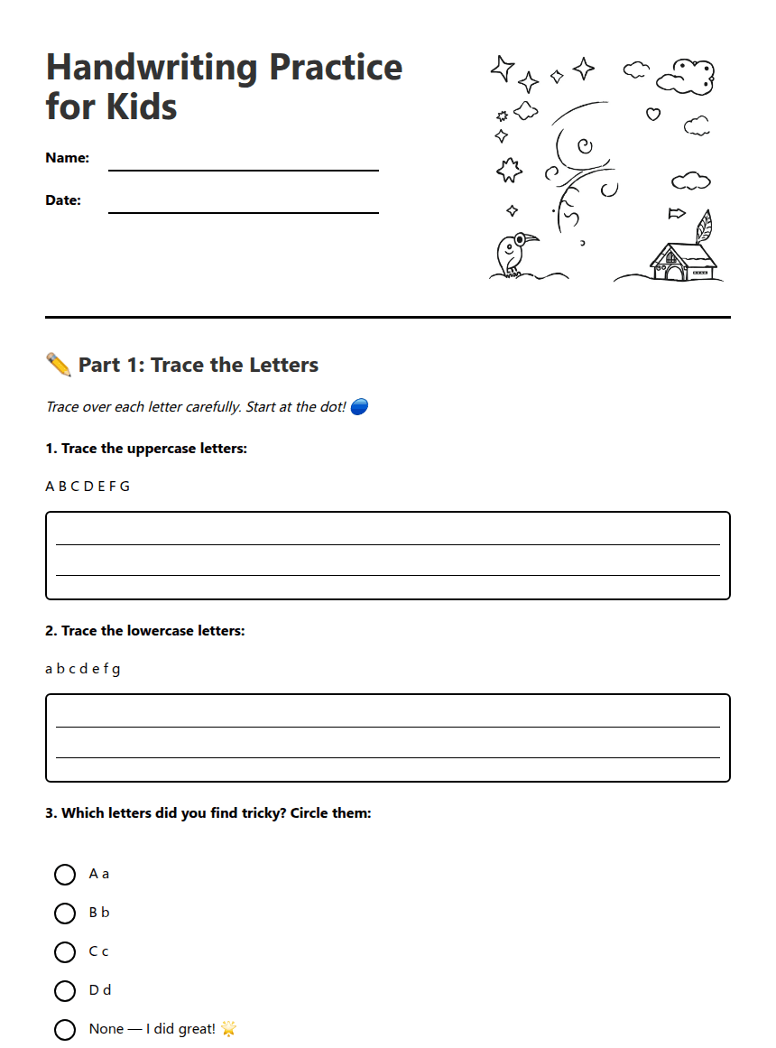 Handwriting Practice for Kids worksheet preview