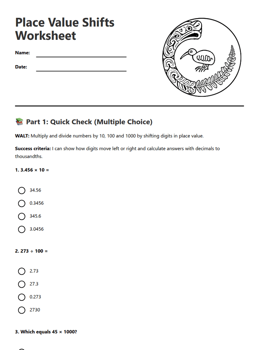 Place Value Shifts Worksheet