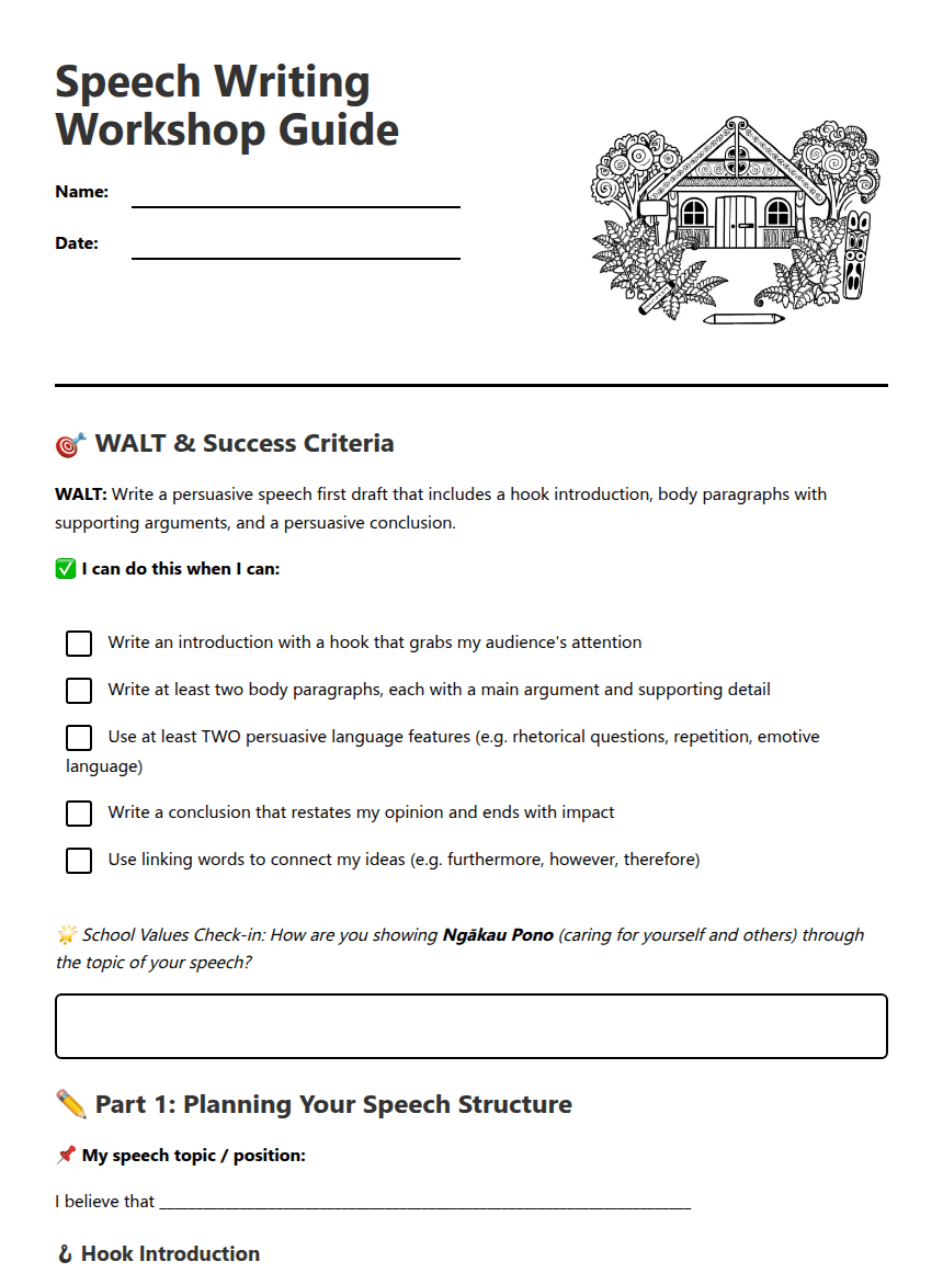 Speech Writing Workshop Guide worksheet preview