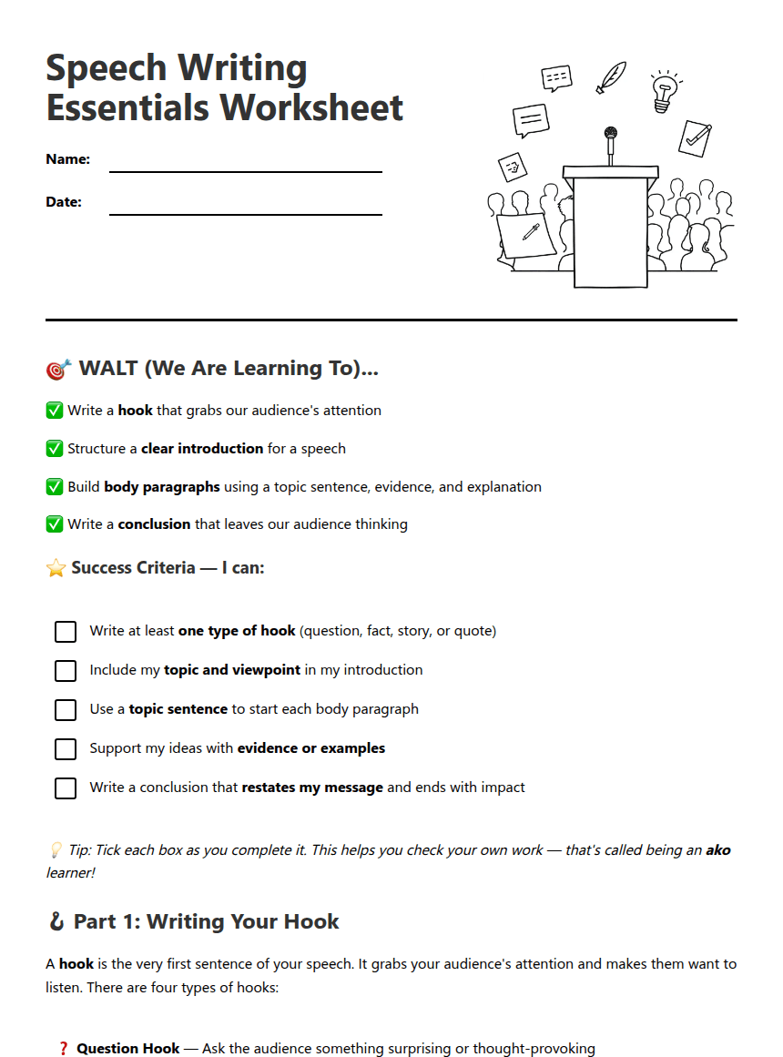 Speech Writing Essentials Worksheet worksheet preview