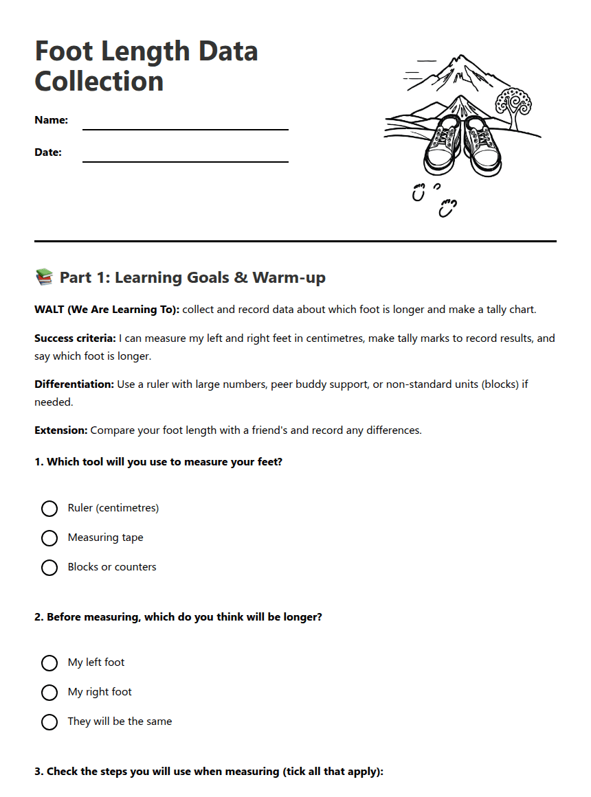 Foot Length Data Collection worksheet preview