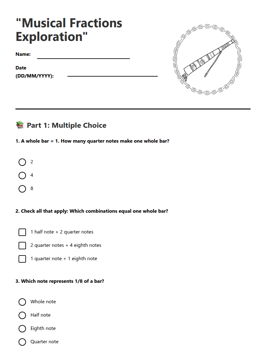 "Musical Fractions Exploration" worksheet preview