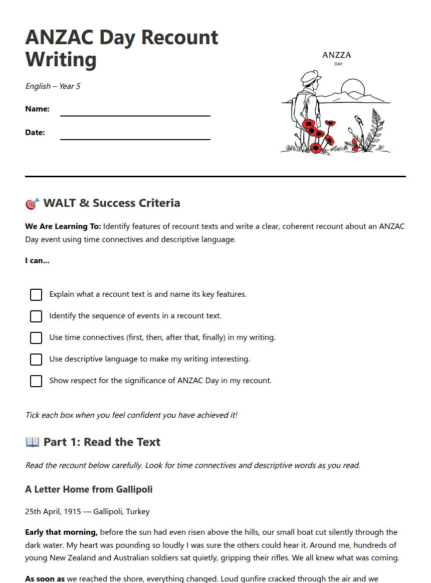 ANZAC Day Recount Writing worksheet preview