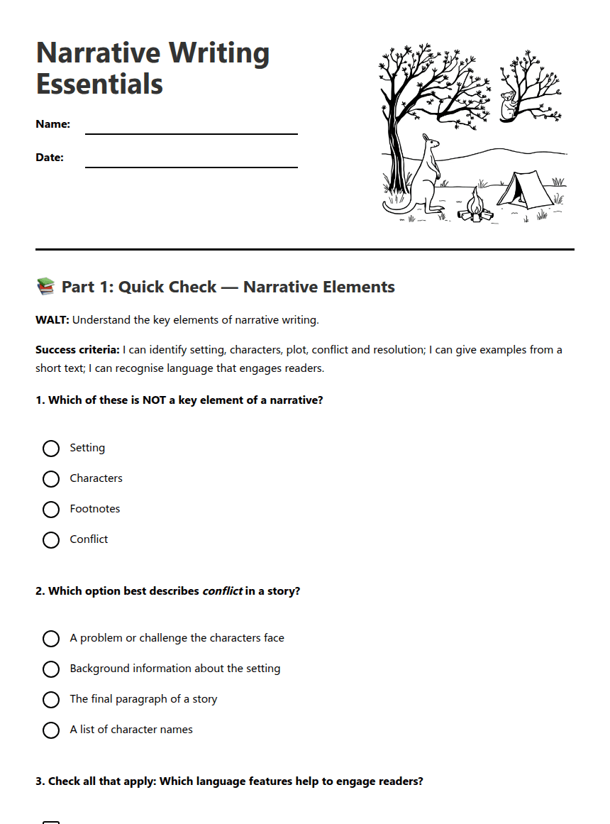 Narrative Writing Essentials worksheet preview