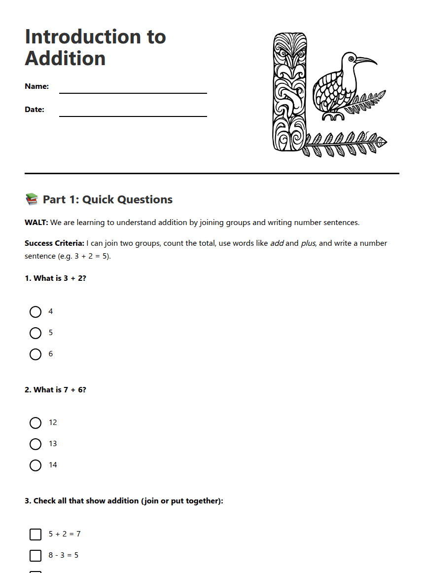 Introduction to Addition worksheet preview