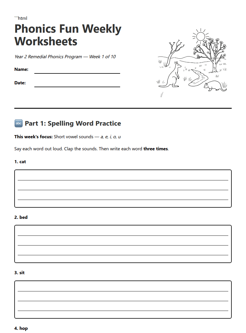 Phonics Fun Weekly Worksheets worksheet preview