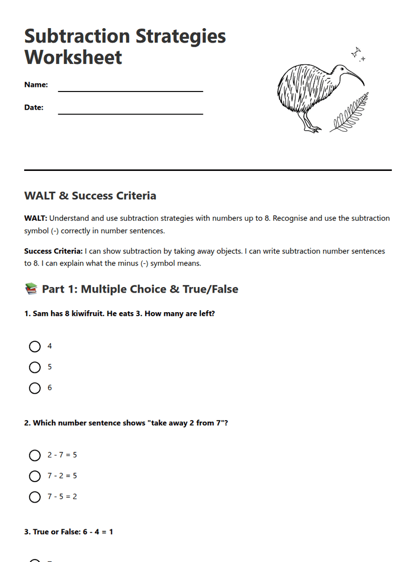 Subtraction Strategies Worksheet