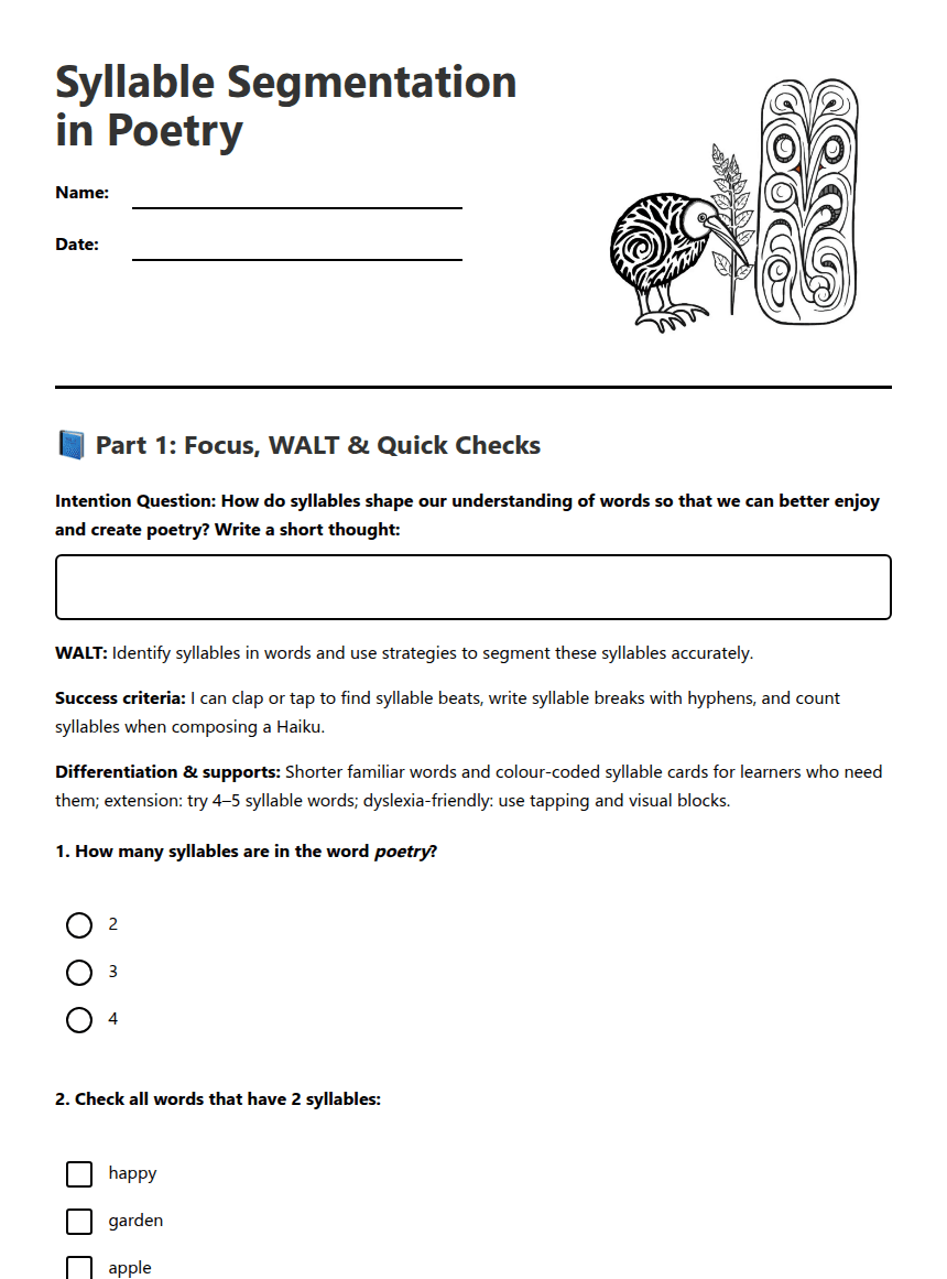 Syllable Segmentation in Poetry worksheet preview