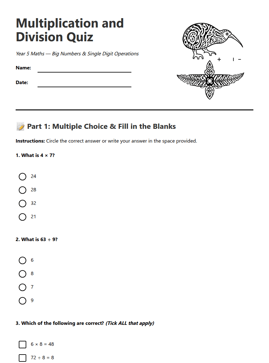 Multiplication and Division Quiz worksheet preview