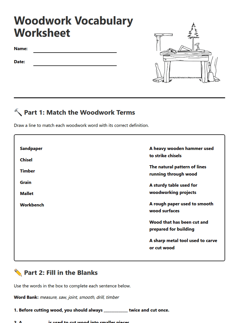 Woodwork Vocabulary Worksheet