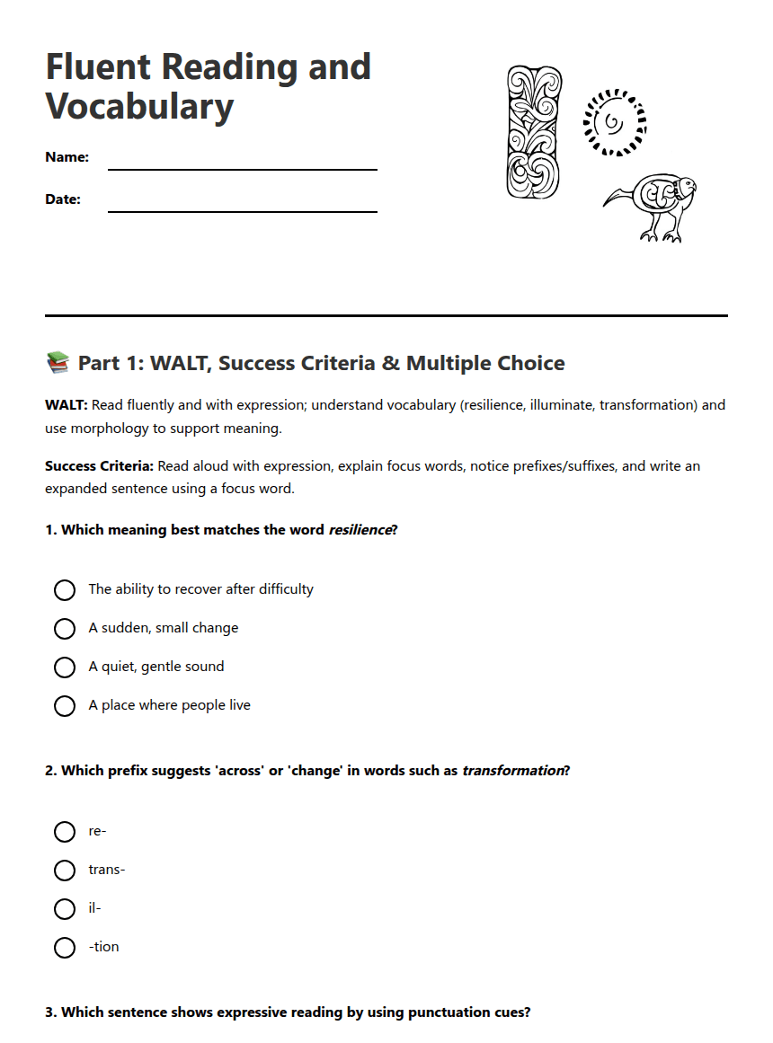 Fluent Reading and Vocabulary worksheet preview