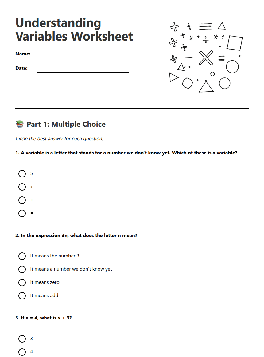 Understanding Variables Worksheet worksheet preview