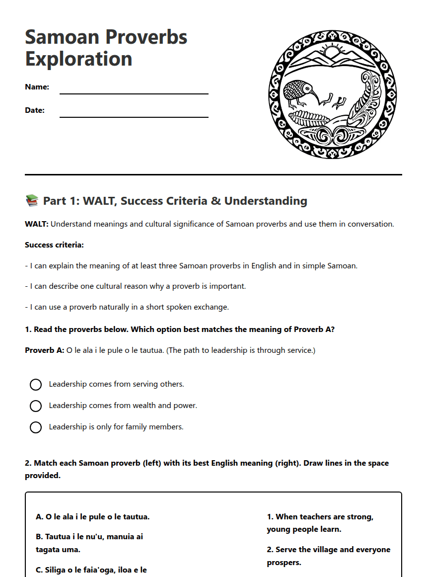 Samoan Proverbs Exploration worksheet preview