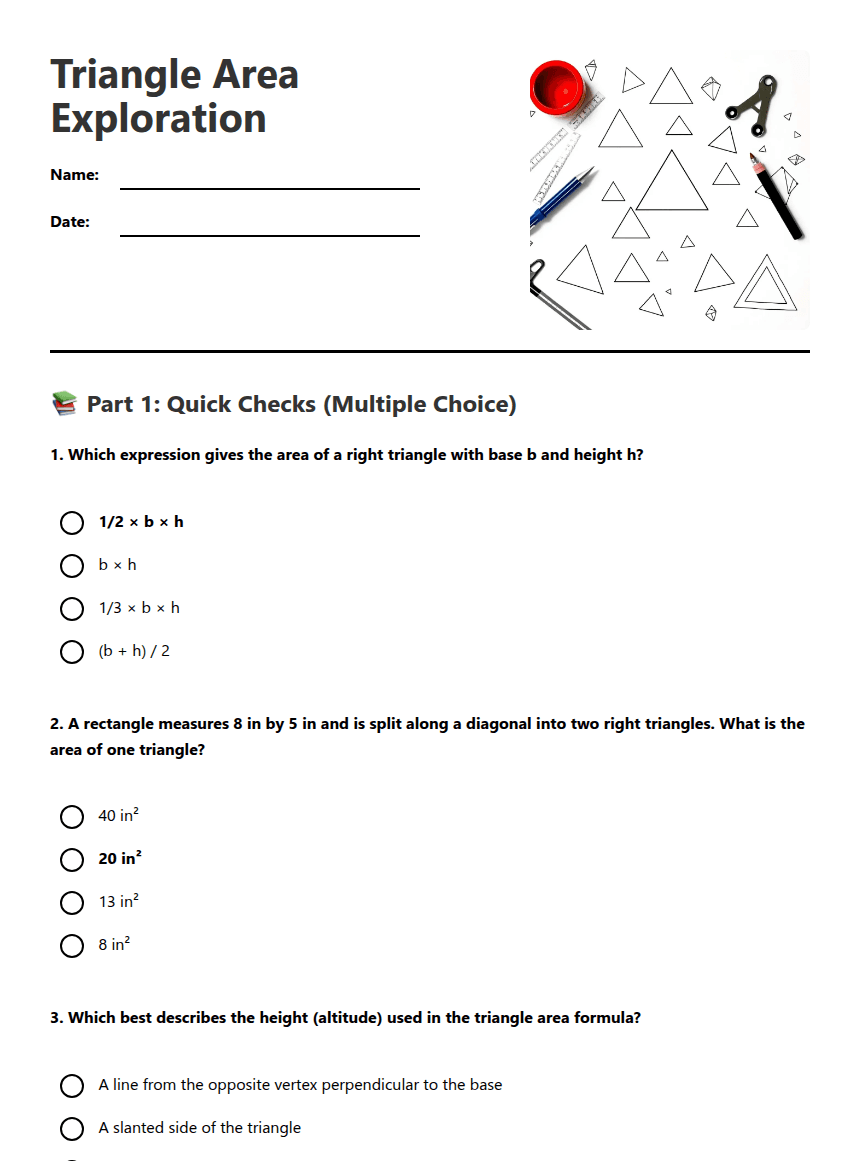 Triangle Area Exploration worksheet preview