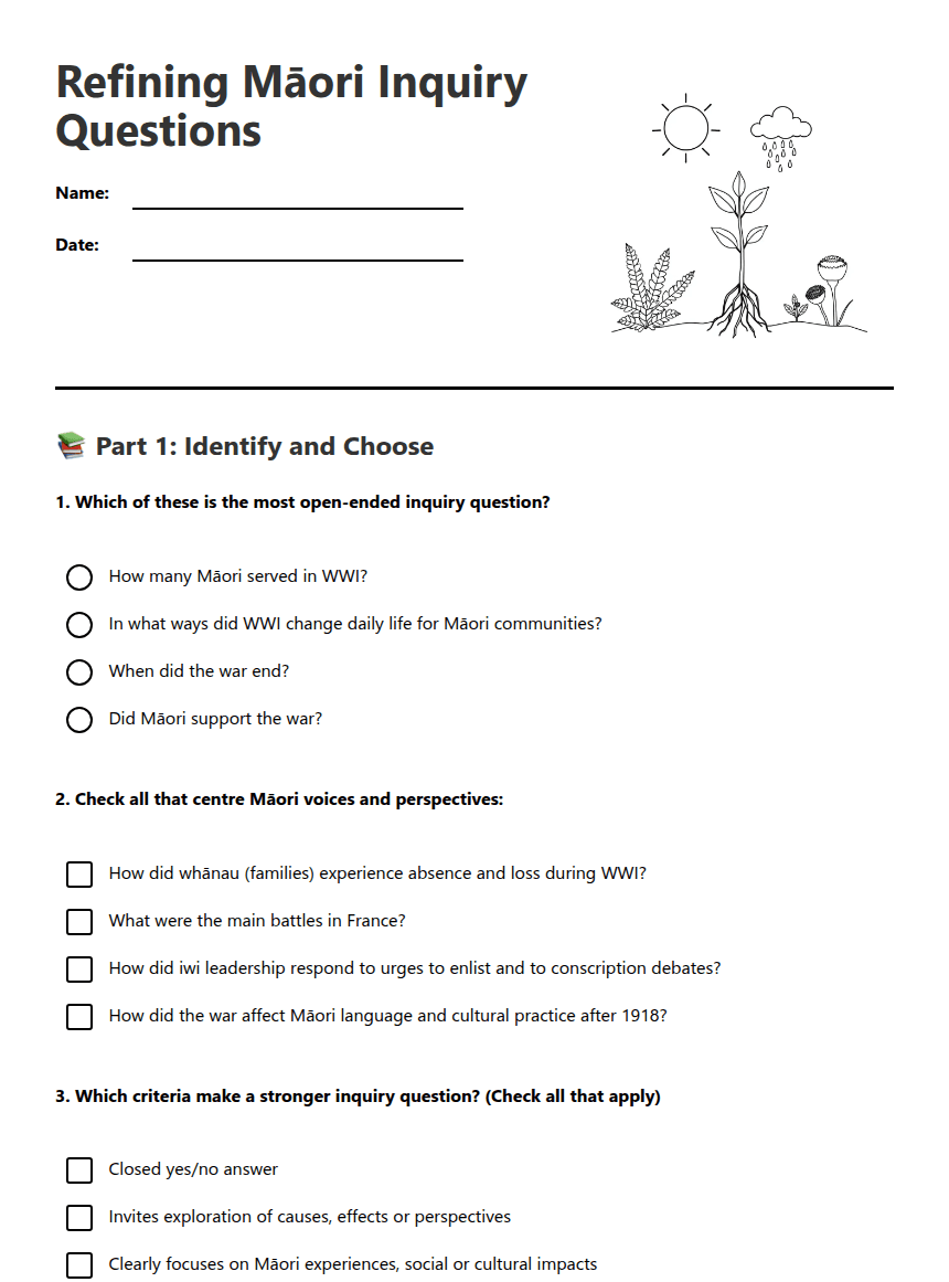Refining Māori Inquiry Questions worksheet preview