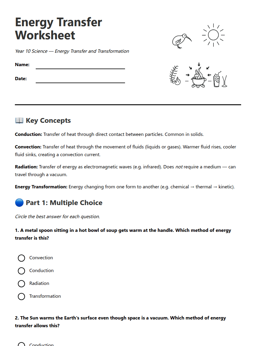 Energy Transfer Worksheet worksheet preview