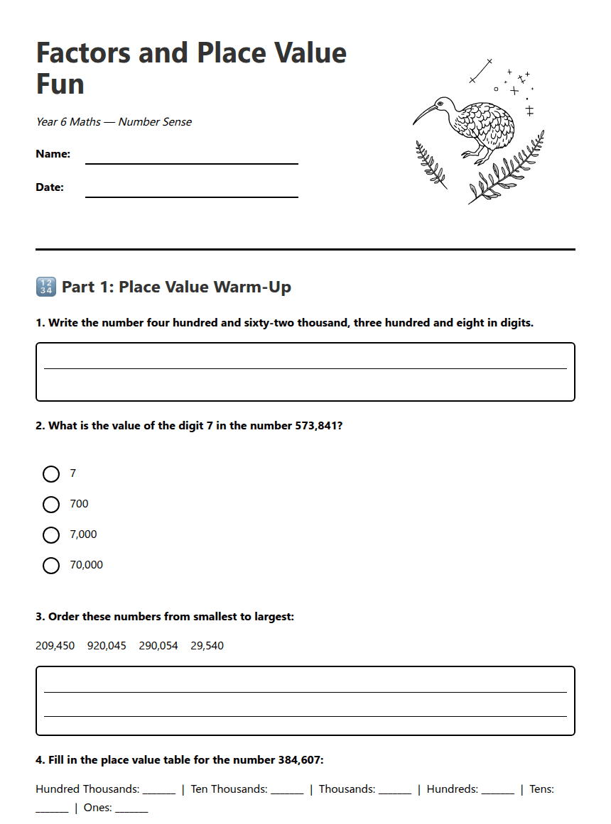 Factors and Place Value Fun worksheet preview