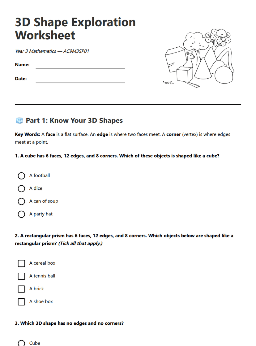 3D Shape Exploration Worksheet
