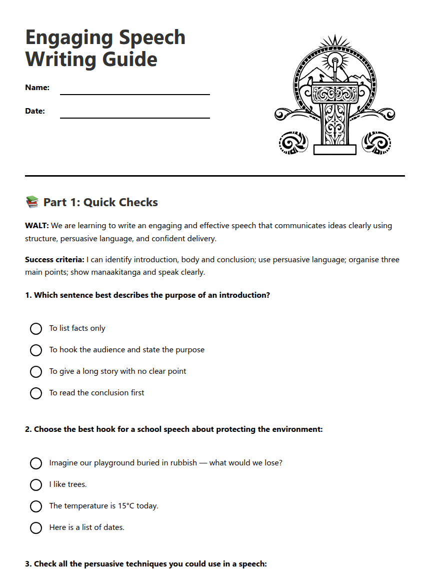 Engaging Speech Writing Guide worksheet preview