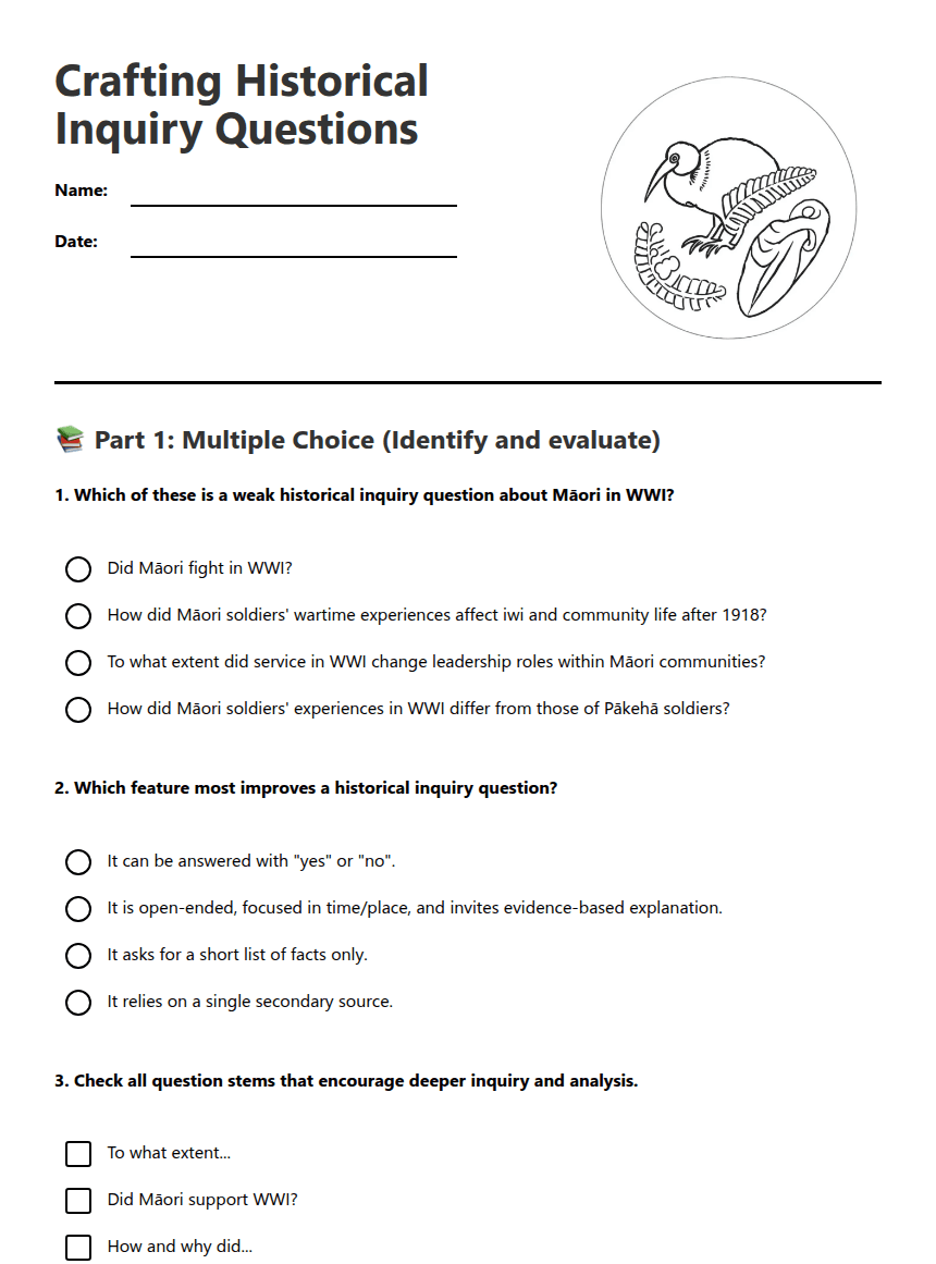 Crafting Historical Inquiry Questions worksheet preview