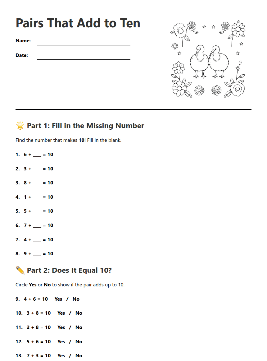 Pairs That Add to Ten worksheet preview