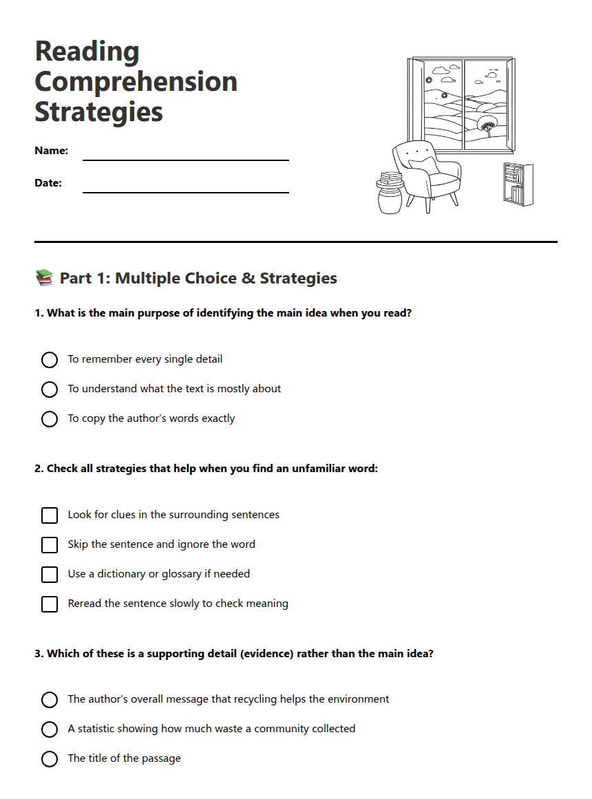 Reading Comprehension Strategies worksheet preview