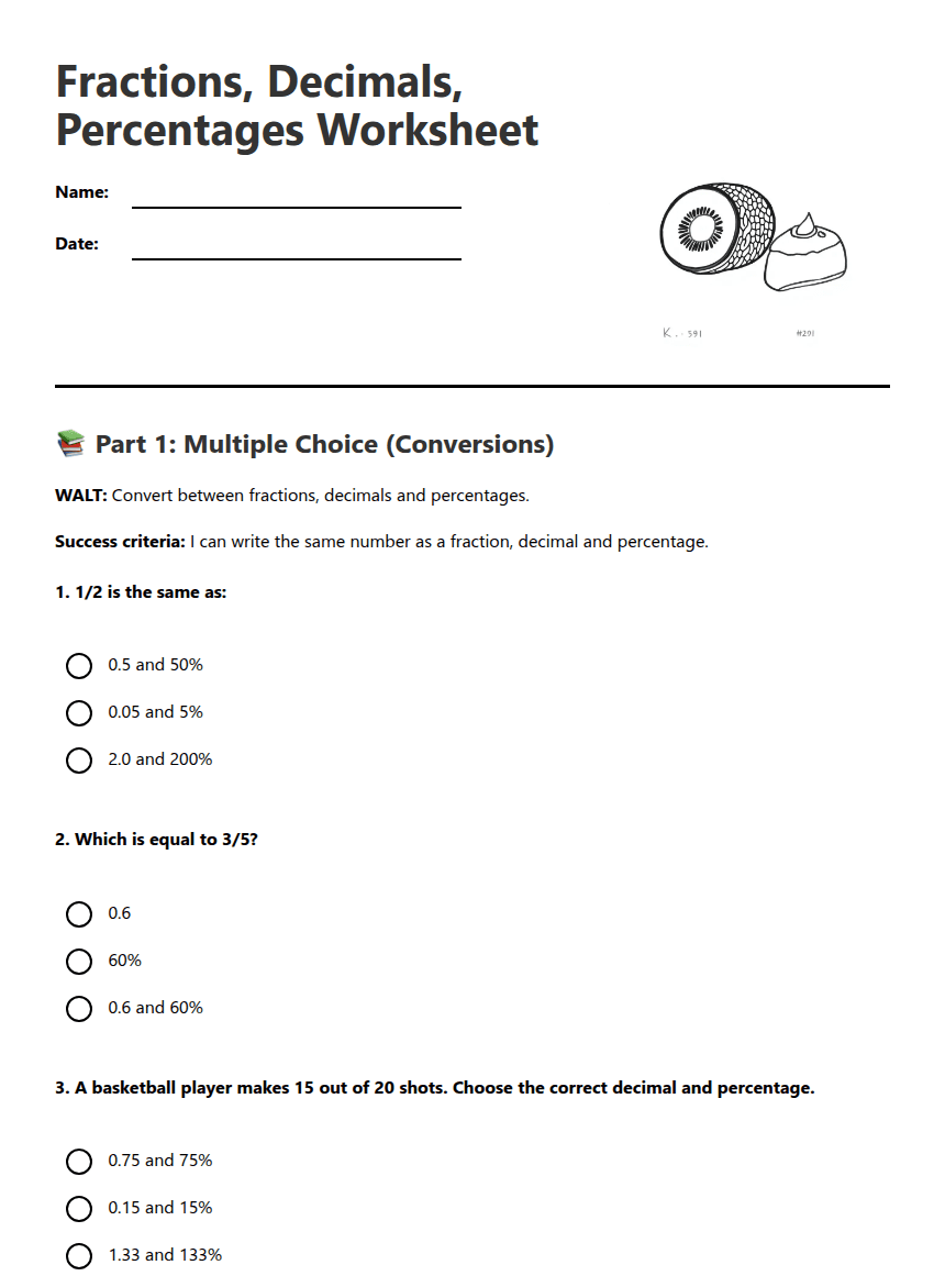 Fractions, Decimals, Percentages Worksheet worksheet preview