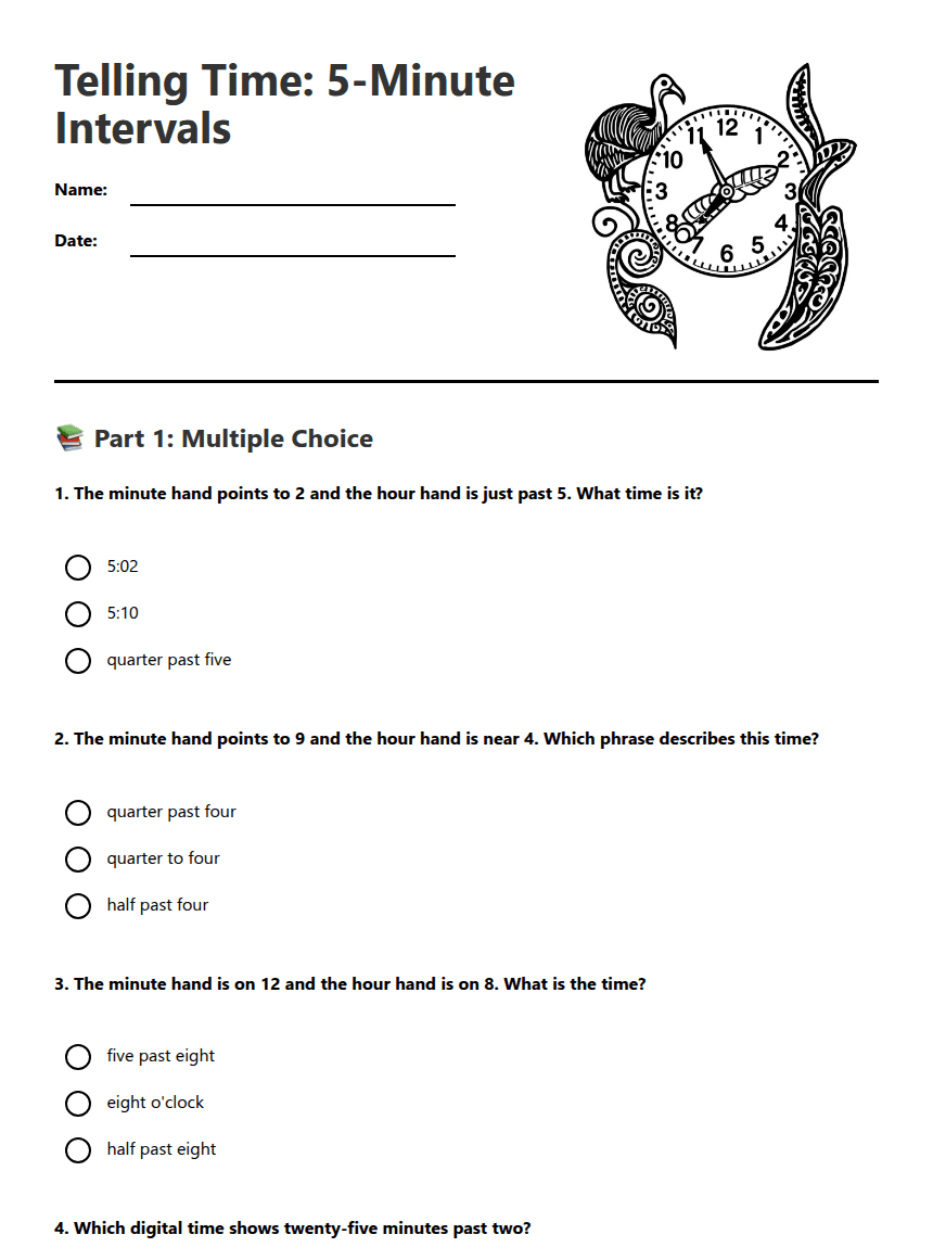Telling Time: 5-Minute Intervals worksheet preview