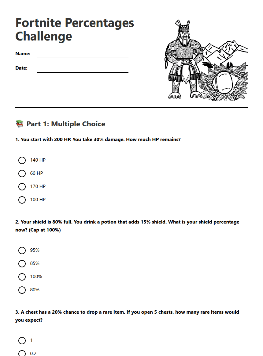 Fortnite Percentages Challenge worksheet preview
