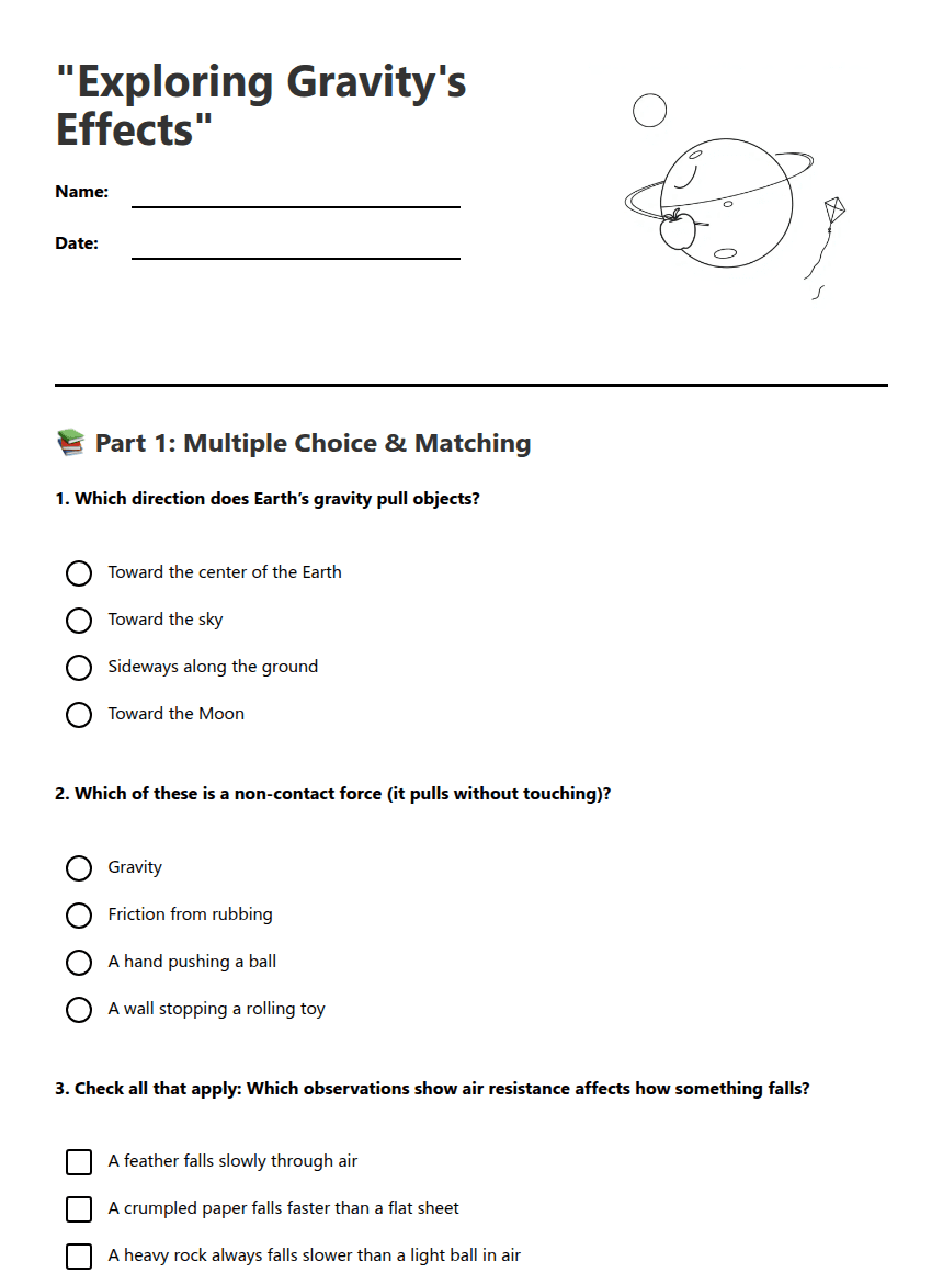 "Exploring Gravity's Effects" worksheet preview