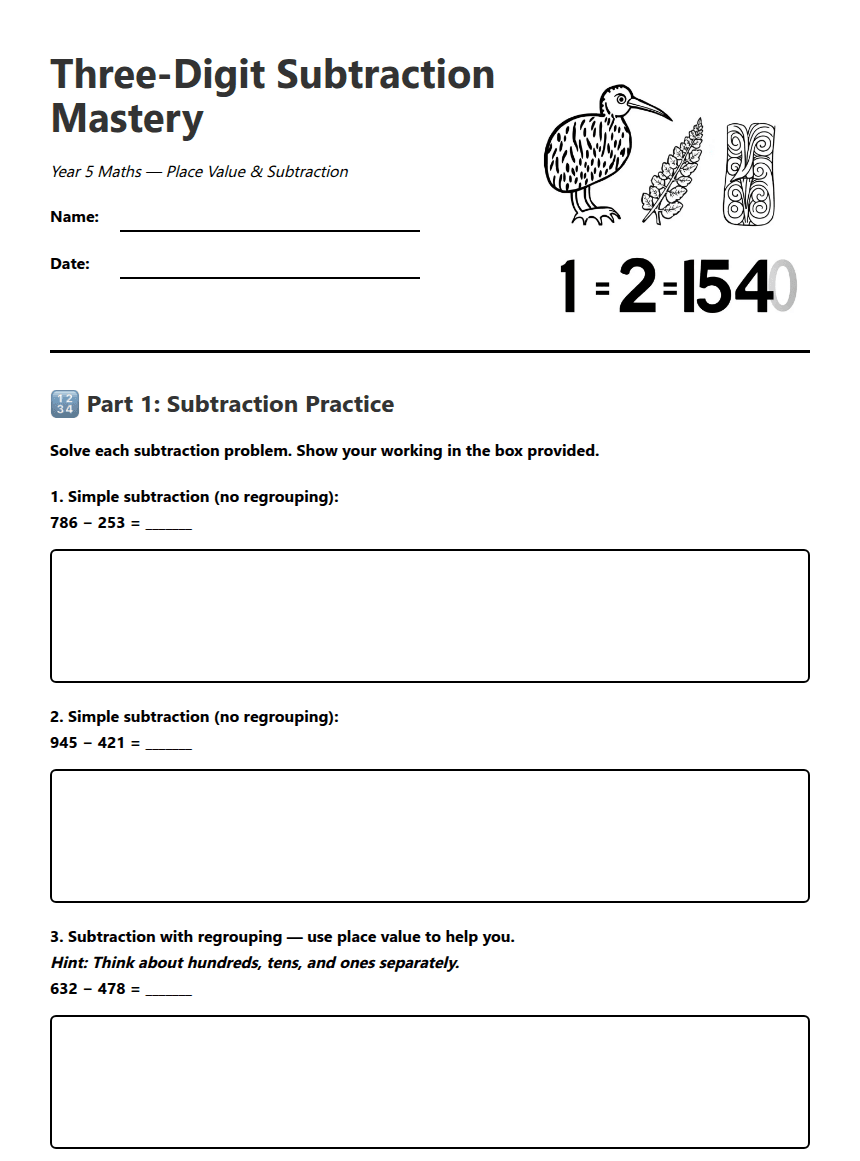 Three-Digit Subtraction Mastery worksheet preview