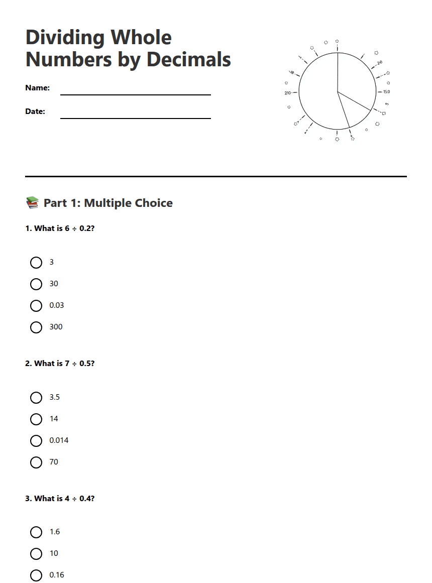 Dividing Whole Numbers by Decimals worksheet preview
