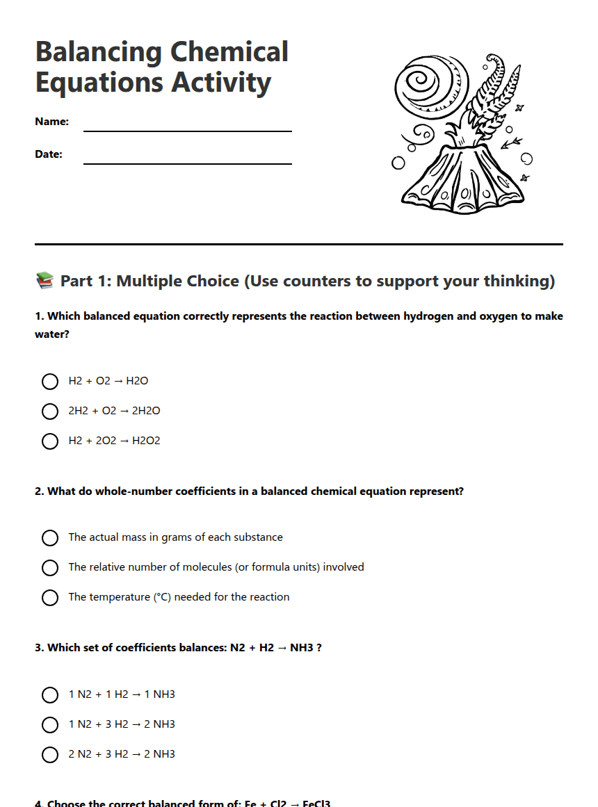 Balancing Chemical Equations Activity worksheet preview
