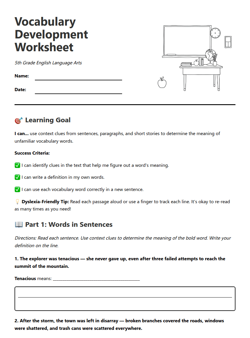 Vocabulary Development Worksheet worksheet preview