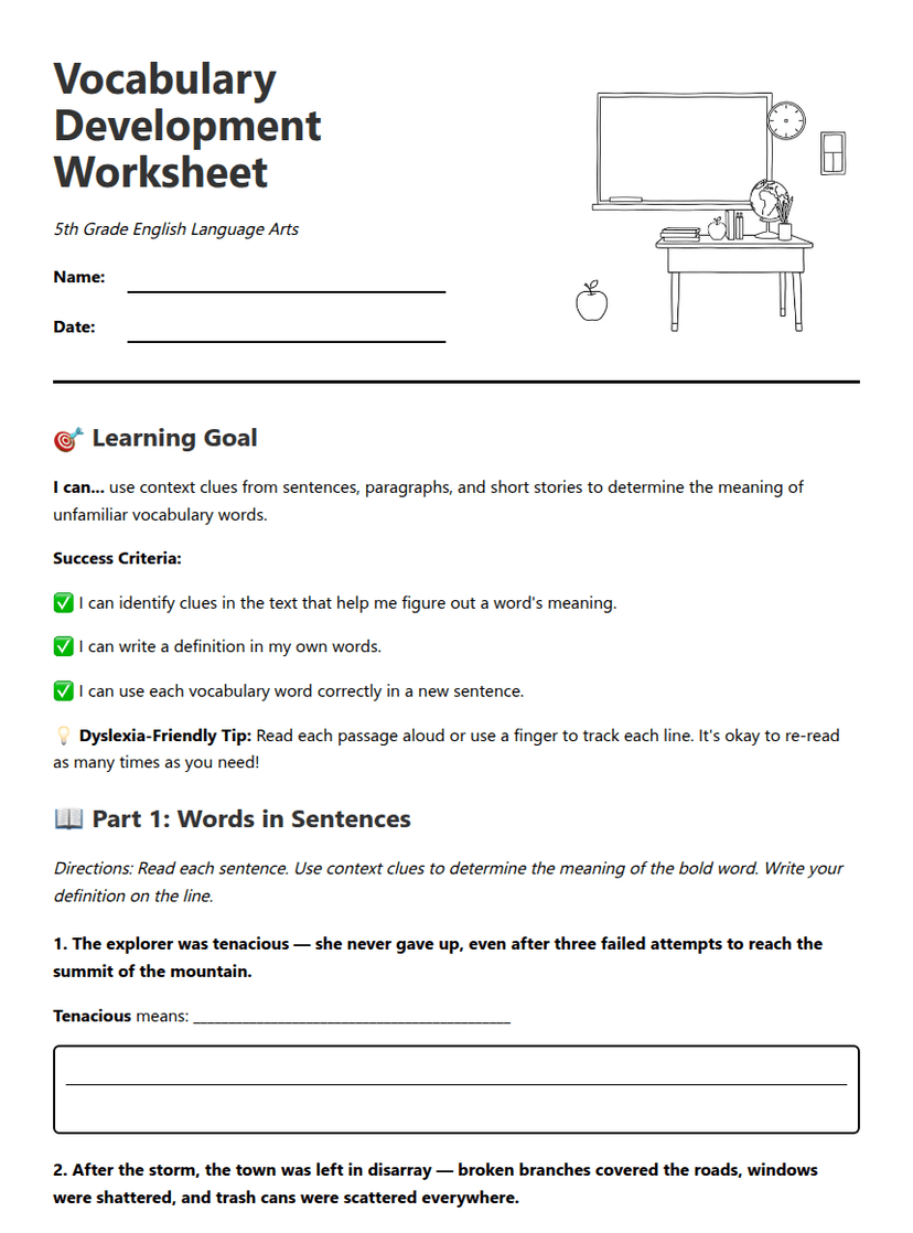 Vocabulary Development Worksheet
