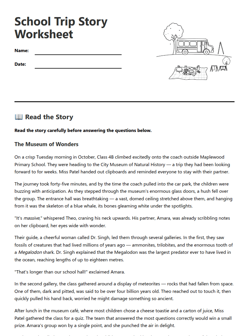 School Trip Story Worksheet worksheet preview
