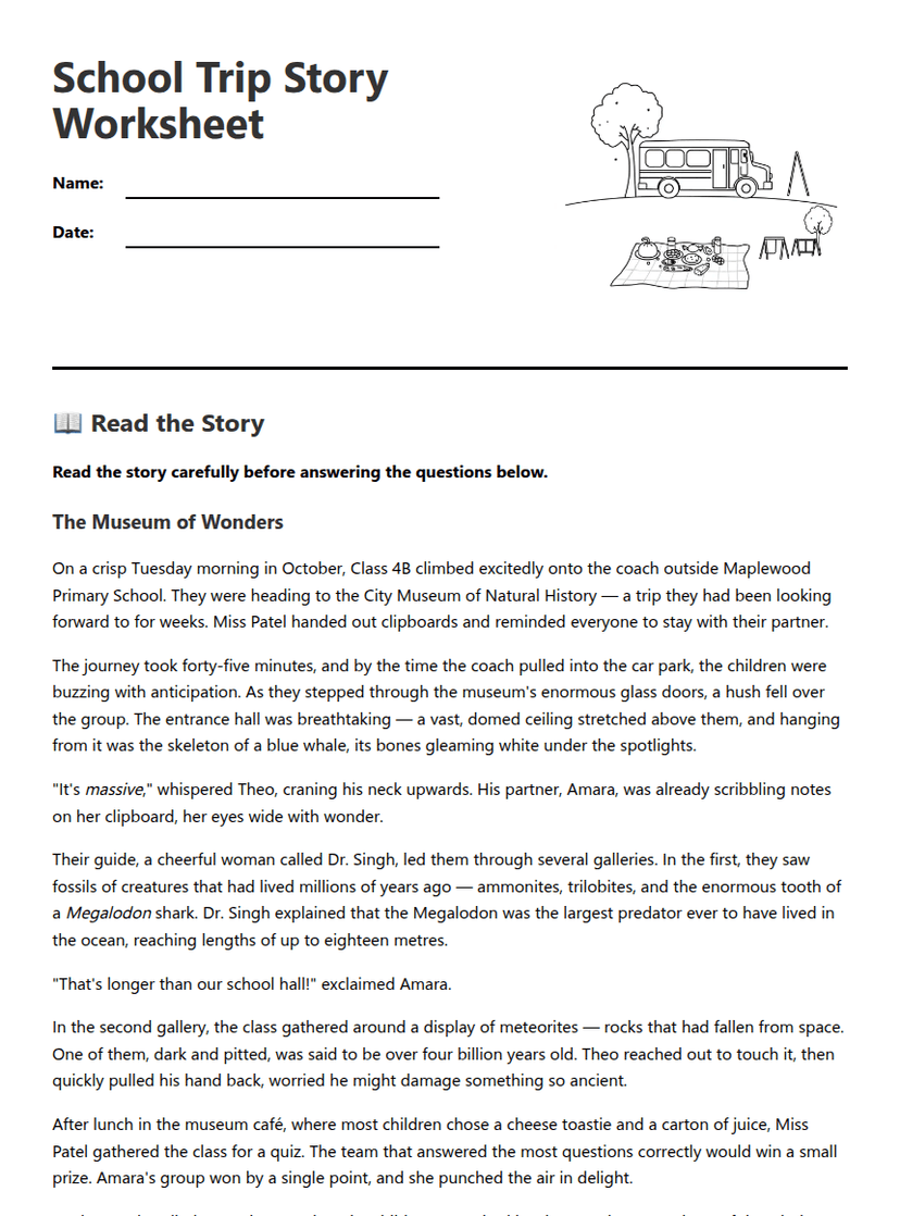 School Trip Story Worksheet