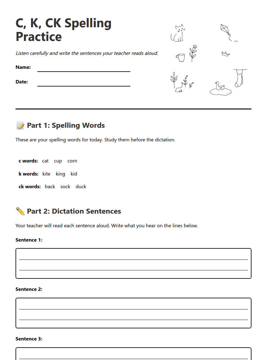 C, K, CK Spelling Practice worksheet preview