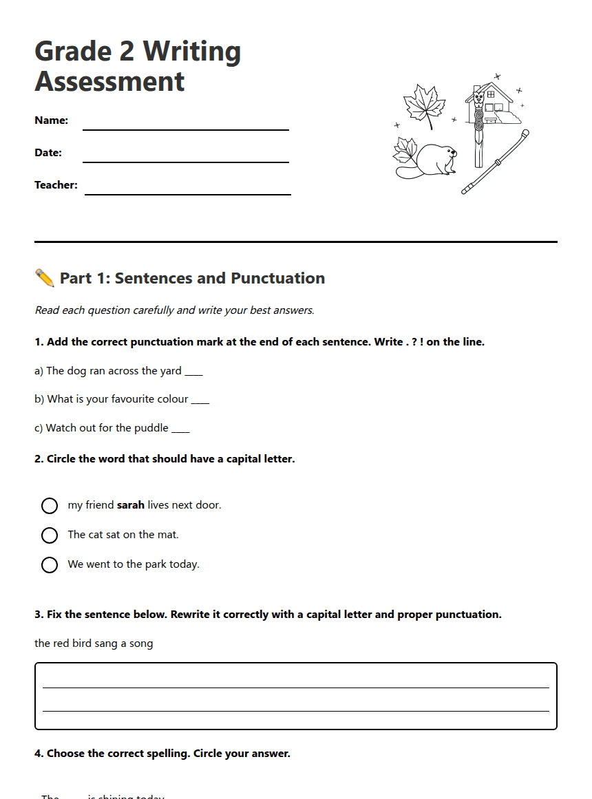 Grade 2 Writing Assessment worksheet preview