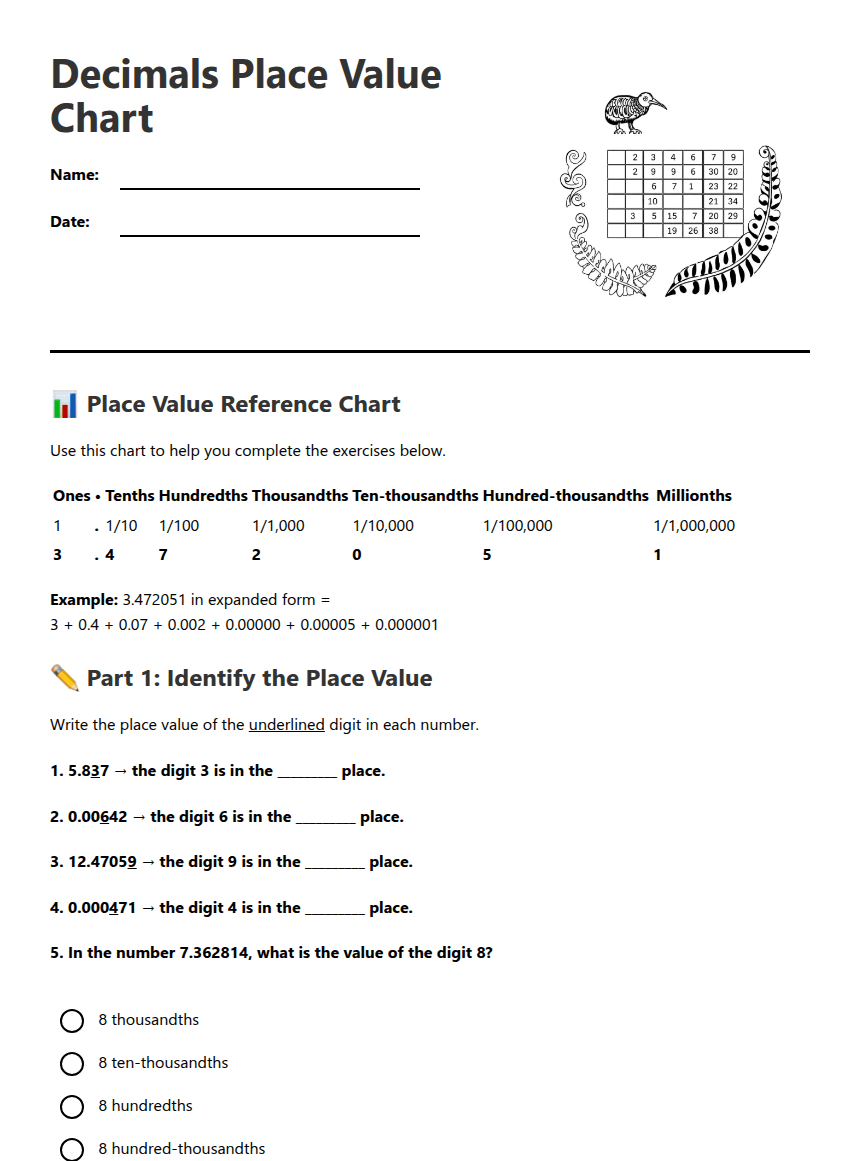 Decimals Place Value Chart worksheet preview