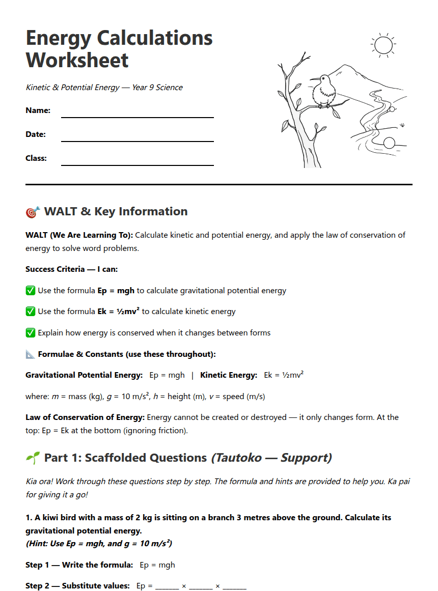 Energy Calculations Worksheet worksheet preview