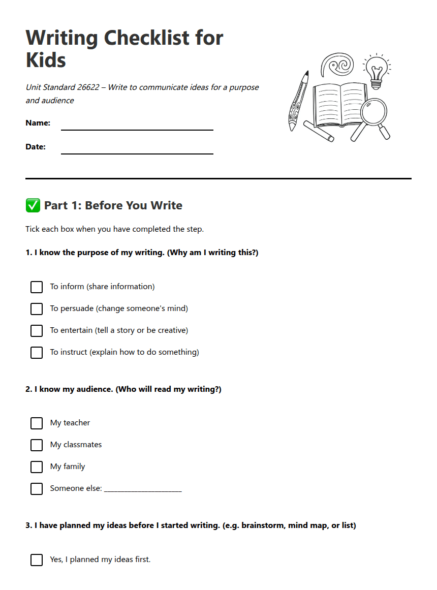Writing Checklist for Kids worksheet preview