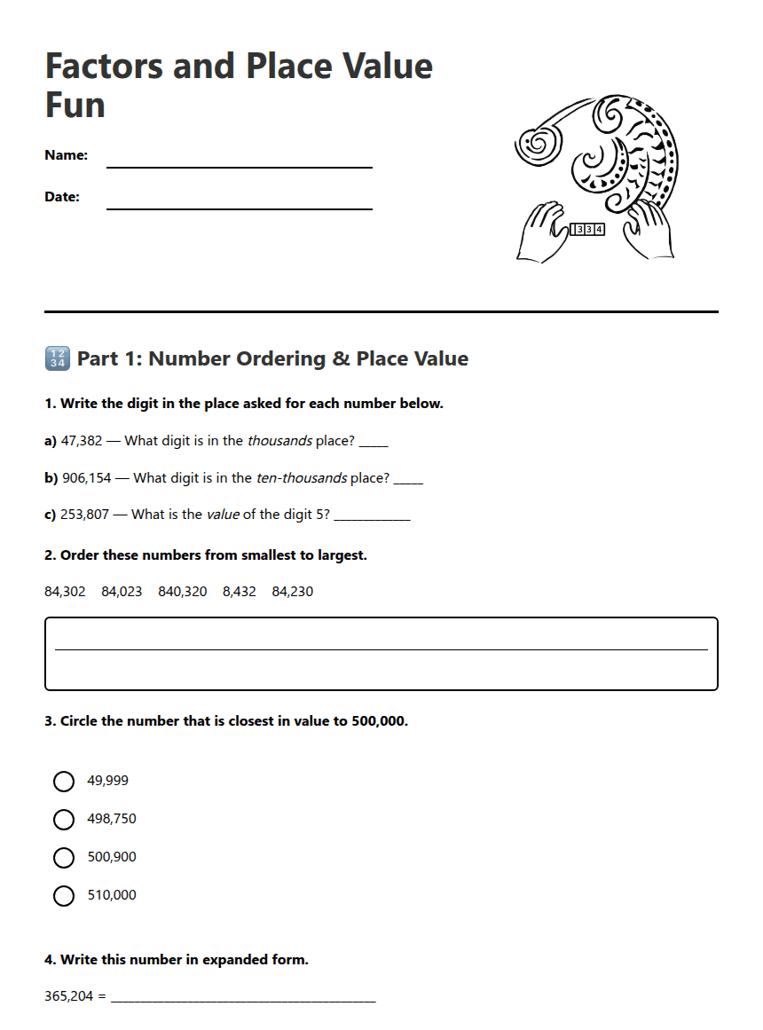 Factors and Place Value Fun worksheet preview