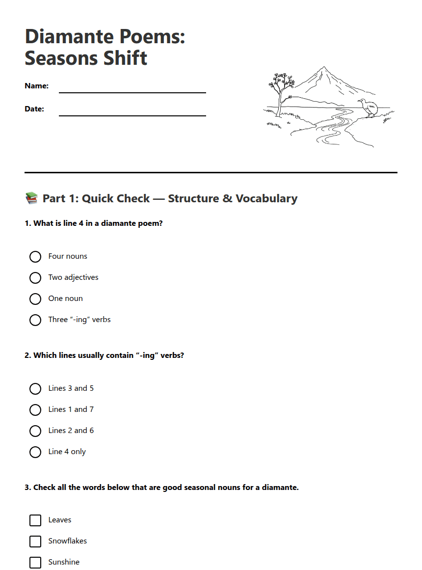 Diamante Poems: Seasons Shift worksheet preview